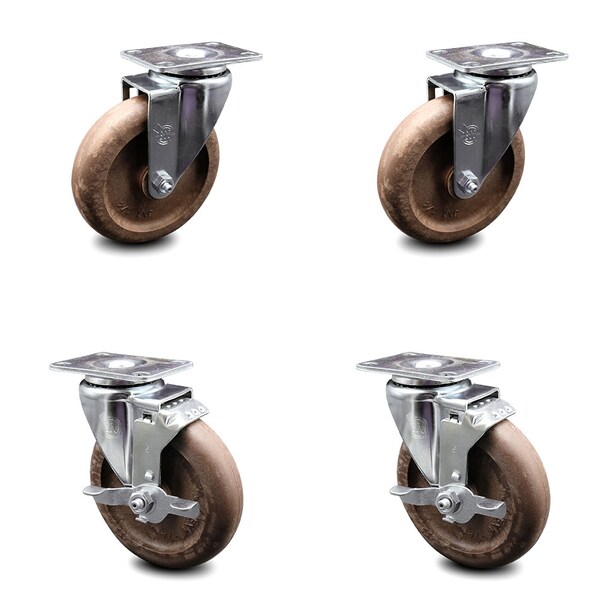 5 Inch High Temp Glass Filled Nylon Swivel Top Plate Caster Set with 2 Brakes